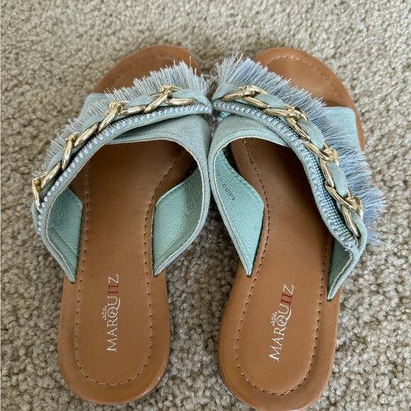 Marquiiz Fringed Suede Chain Link Slides - Seafoam Green Size 6 - Picture 5 of 7